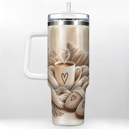 Cozy Heart 40oz Tumbler with Handle, Neutral Stainless Steel Travel Cup