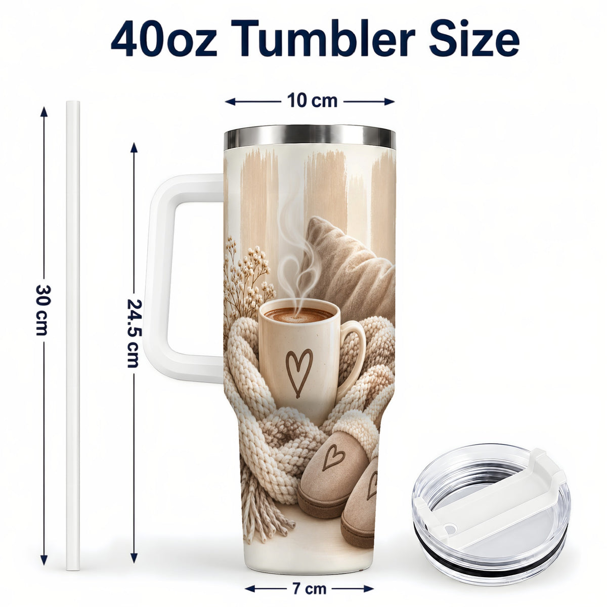 #pl[40oz|White] Cozy Heart 40oz Tumbler with Handle, Neutral Stainless Steel Travel Cup