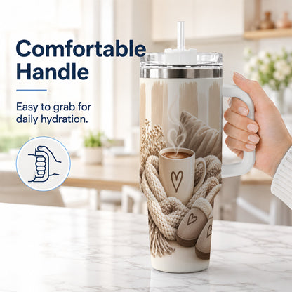 #pl[40oz|White] Cozy Heart 40oz Tumbler with Handle, Neutral Stainless Steel Travel Cup