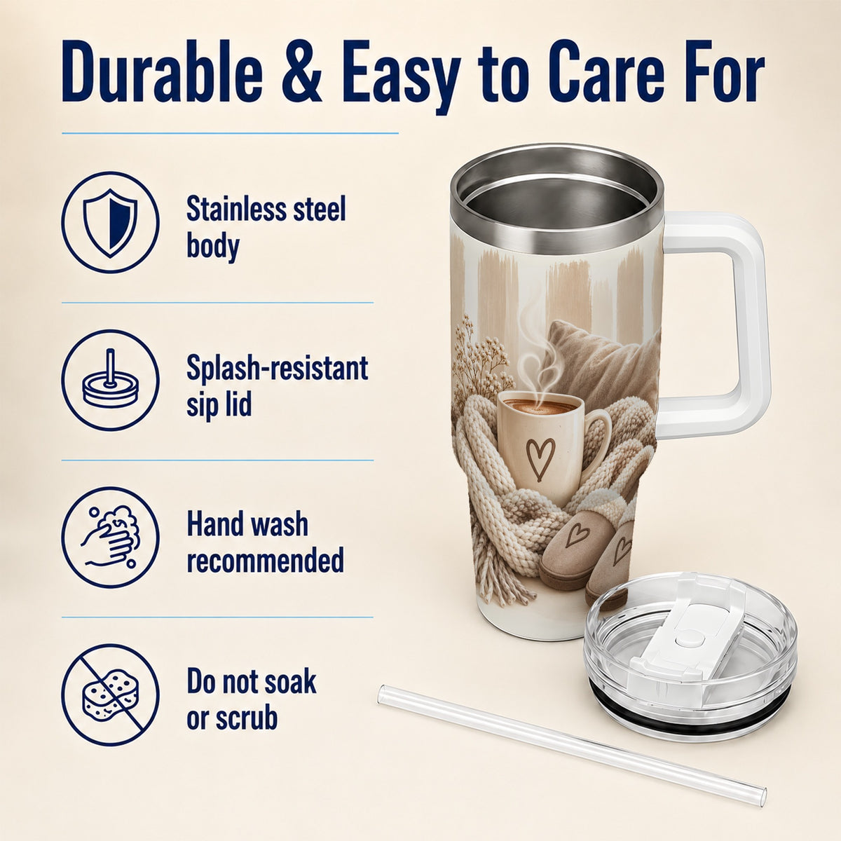 #pl[40oz|White] Cozy Heart 40oz Tumbler with Handle, Neutral Stainless Steel Travel Cup