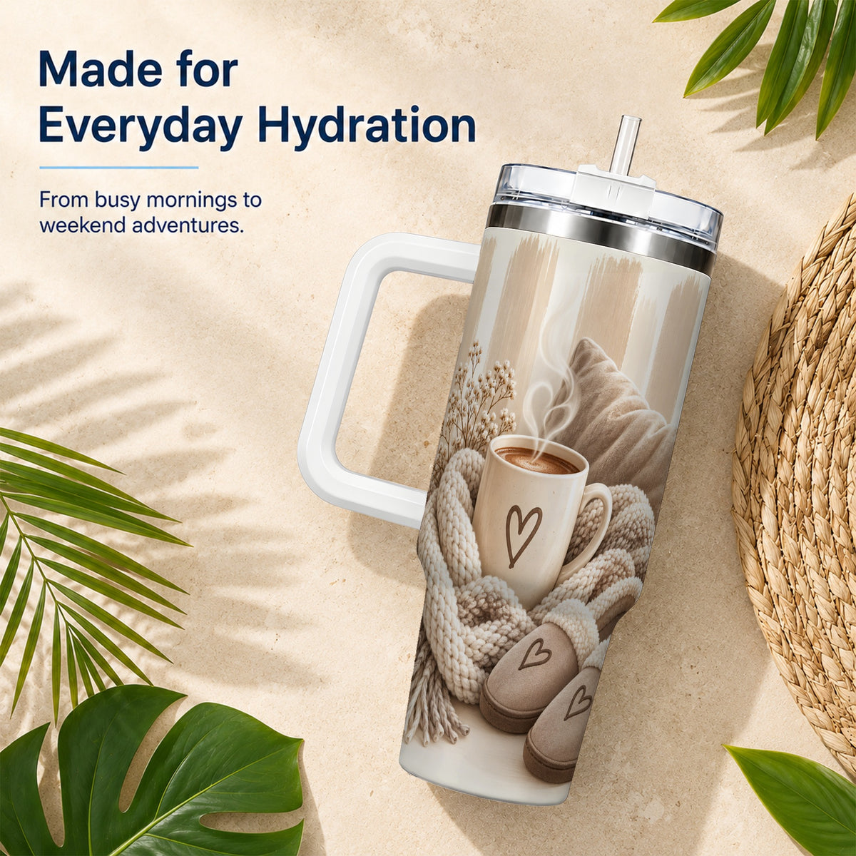 #pl[40oz|White] Cozy Heart 40oz Tumbler with Handle, Neutral Stainless Steel Travel Cup
