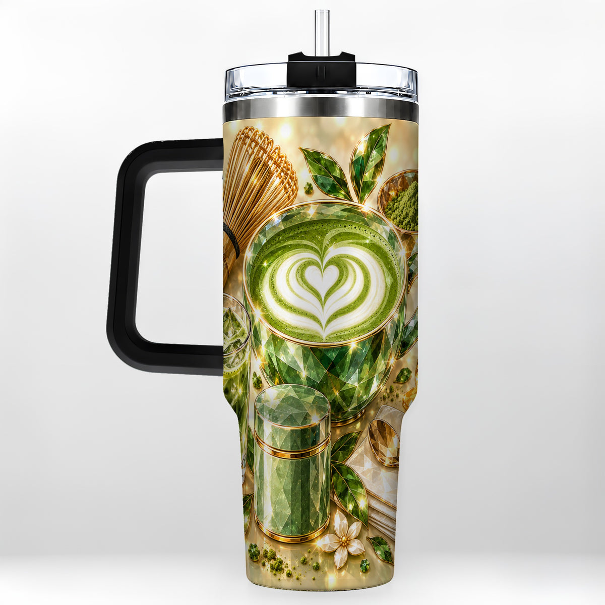 #pl[40oz|Black] Matcha Tea 40oz Tumbler with Handle, Botanical Stainless Steel Travel Cup