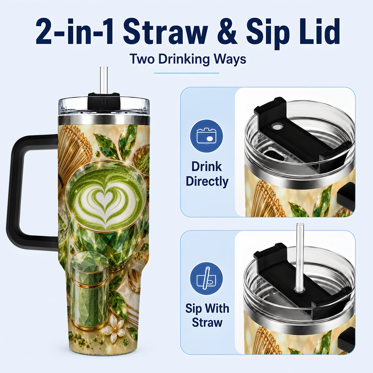 #pl[40oz|Black] Matcha Tea 40oz Tumbler with Handle, Botanical Stainless Steel Travel Cup