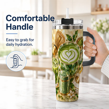 #pl[40oz|Black] Matcha Tea 40oz Tumbler with Handle, Botanical Stainless Steel Travel Cup