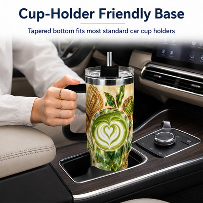 #pl[40oz|Black] Matcha Tea 40oz Tumbler with Handle, Botanical Stainless Steel Travel Cup