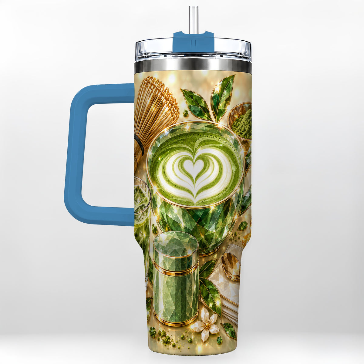 #pl[40oz|Blue] Matcha Tea 40oz Tumbler with Handle, Botanical Stainless Steel Travel Cup