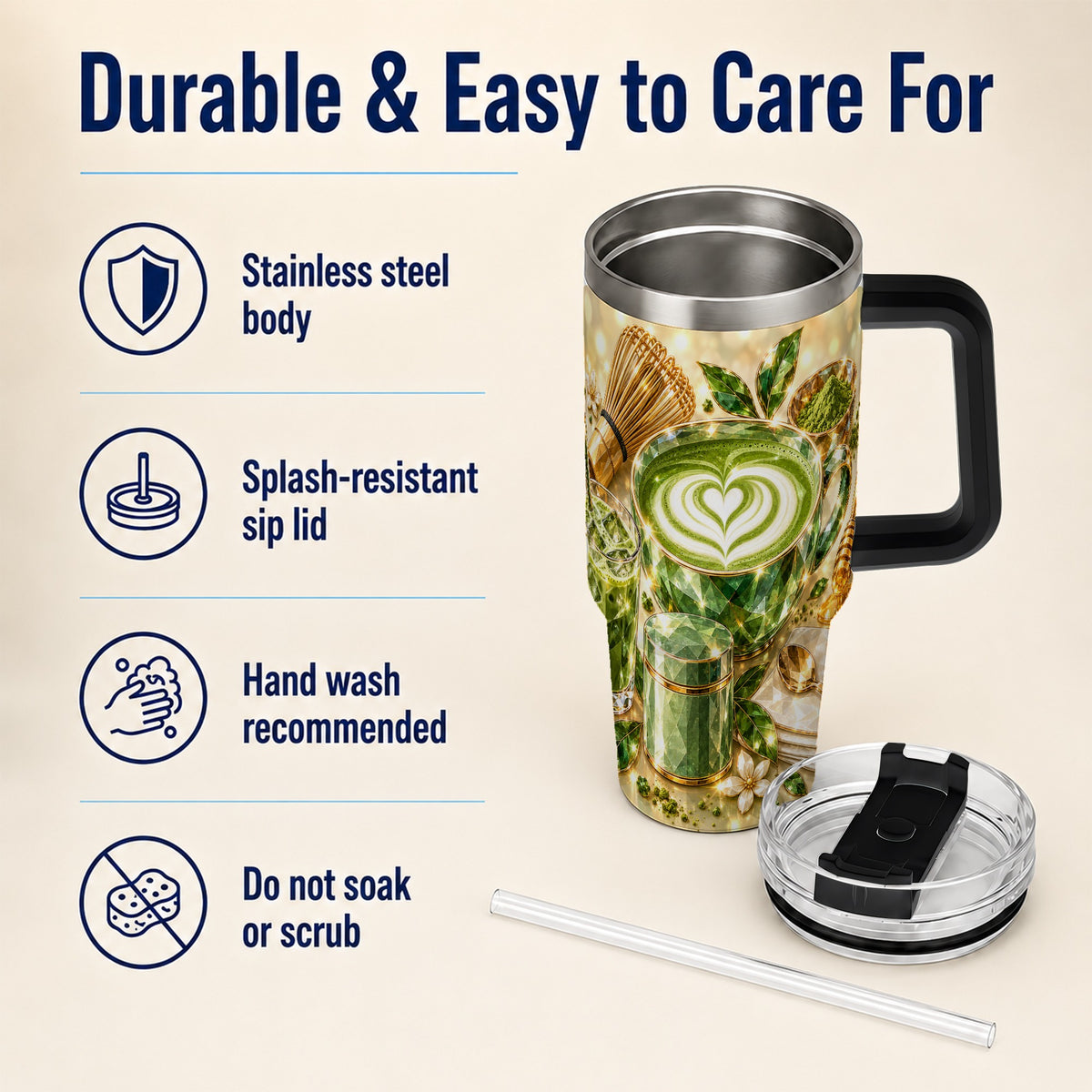#pl[40oz|Black] Matcha Tea 40oz Tumbler with Handle, Botanical Stainless Steel Travel Cup