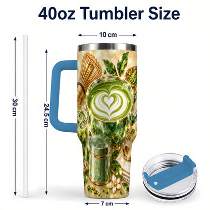 #pl[40oz|Blue] Matcha Tea 40oz Tumbler with Handle, Botanical Stainless Steel Travel Cup