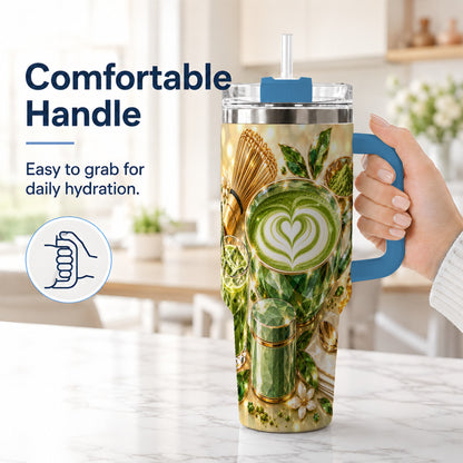 #pl[40oz|Blue] Matcha Tea 40oz Tumbler with Handle, Botanical Stainless Steel Travel Cup