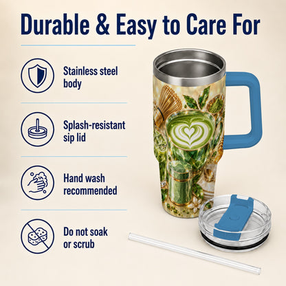 #pl[40oz|Blue] Matcha Tea 40oz Tumbler with Handle, Botanical Stainless Steel Travel Cup