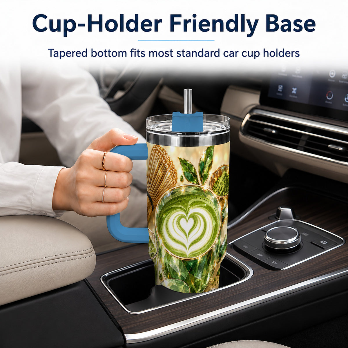 #pl[40oz|Blue] Matcha Tea 40oz Tumbler with Handle, Botanical Stainless Steel Travel Cup