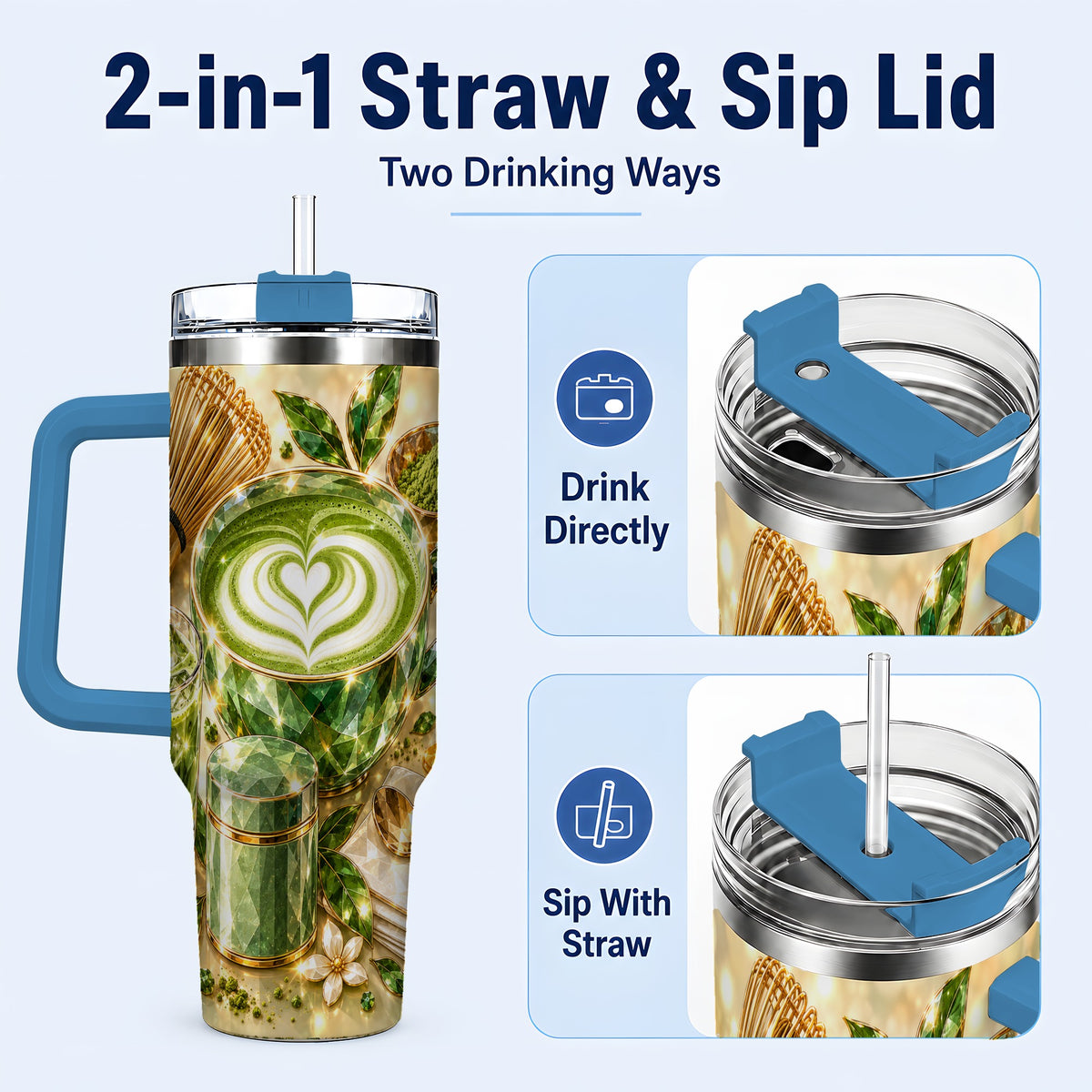#pl[40oz|Blue] Matcha Tea 40oz Tumbler with Handle, Botanical Stainless Steel Travel Cup