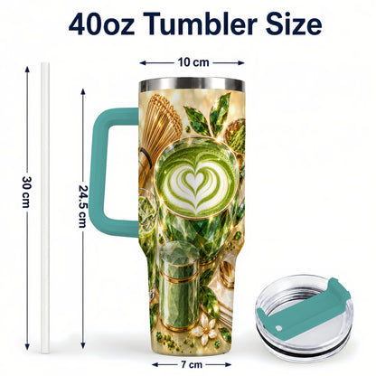 #pl[40oz|Green] Matcha Tea 40oz Tumbler with Handle, Botanical Stainless Steel Travel Cup