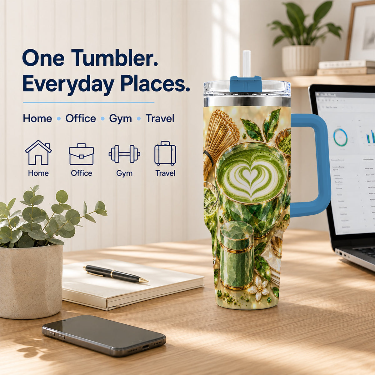 #pl[40oz|Blue] Matcha Tea 40oz Tumbler with Handle, Botanical Stainless Steel Travel Cup