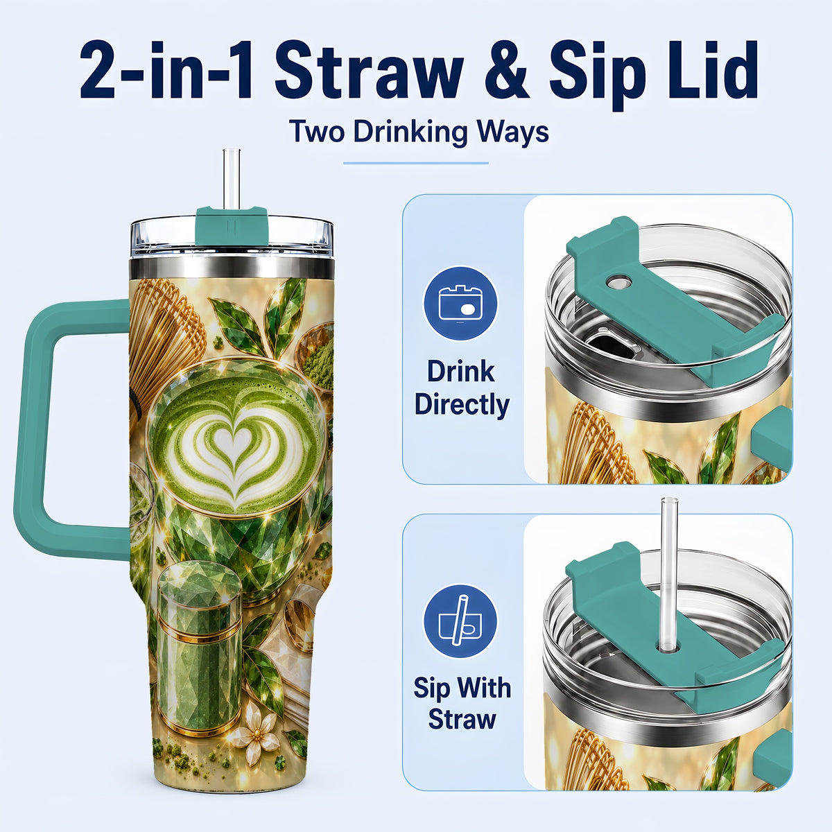 #pl[40oz|Green] Matcha Tea 40oz Tumbler with Handle, Botanical Stainless Steel Travel Cup