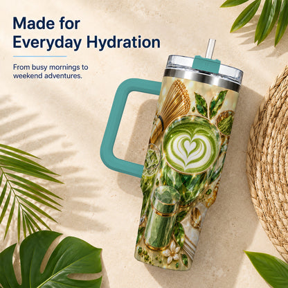 #pl[40oz|Green] Matcha Tea 40oz Tumbler with Handle, Botanical Stainless Steel Travel Cup