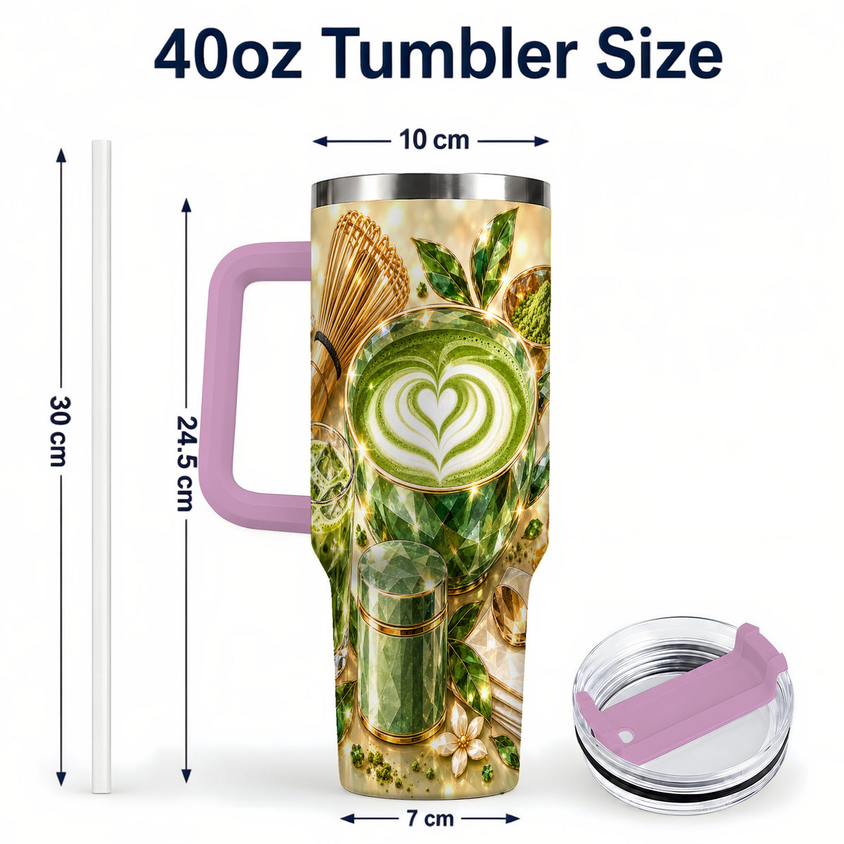 #pl[40oz|Pink] Matcha Tea 40oz Tumbler with Handle, Botanical Stainless Steel Travel Cup