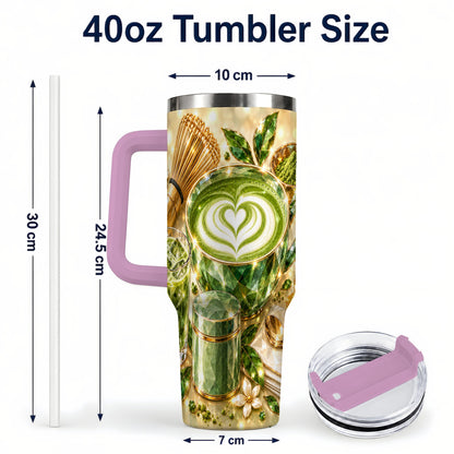 #pl[40oz|Pink] Matcha Tea 40oz Tumbler with Handle, Botanical Stainless Steel Travel Cup