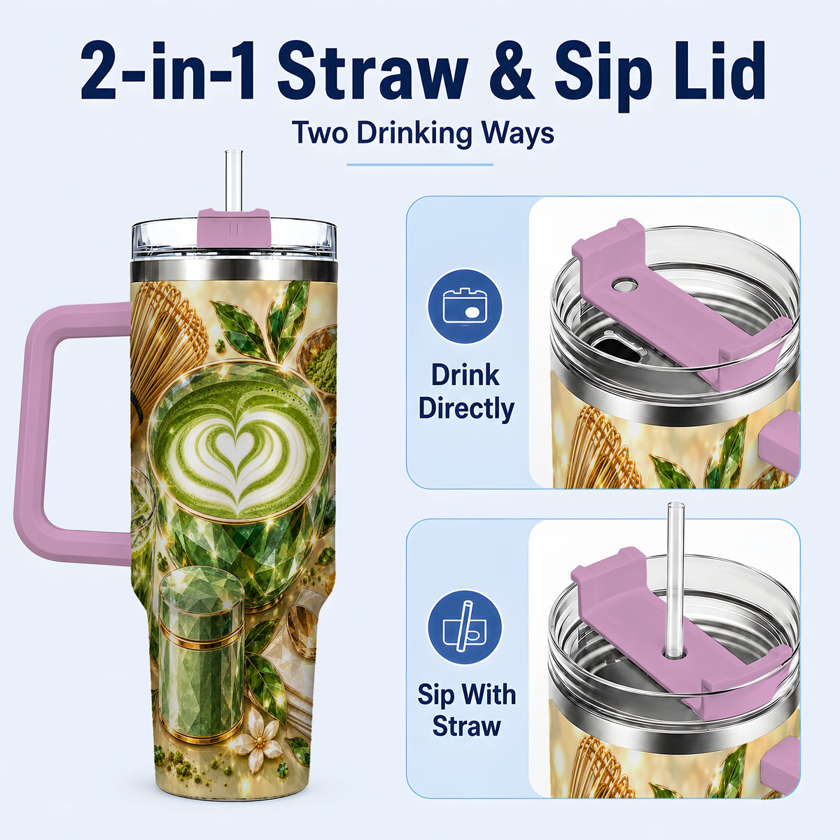 #pl[40oz|Pink] Matcha Tea 40oz Tumbler with Handle, Botanical Stainless Steel Travel Cup