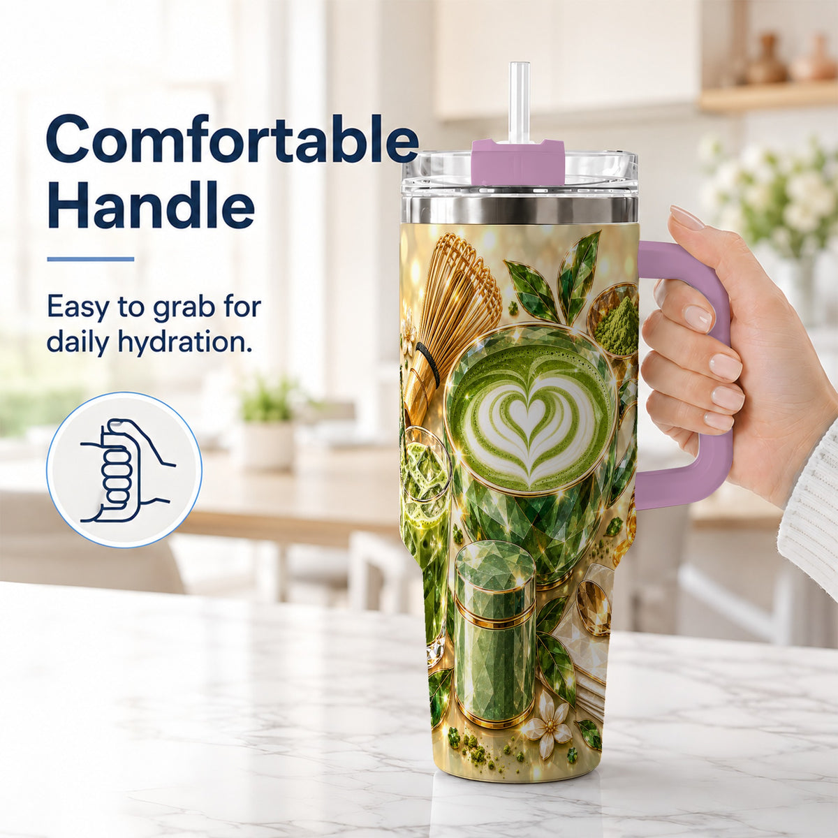 #pl[40oz|Pink] Matcha Tea 40oz Tumbler with Handle, Botanical Stainless Steel Travel Cup