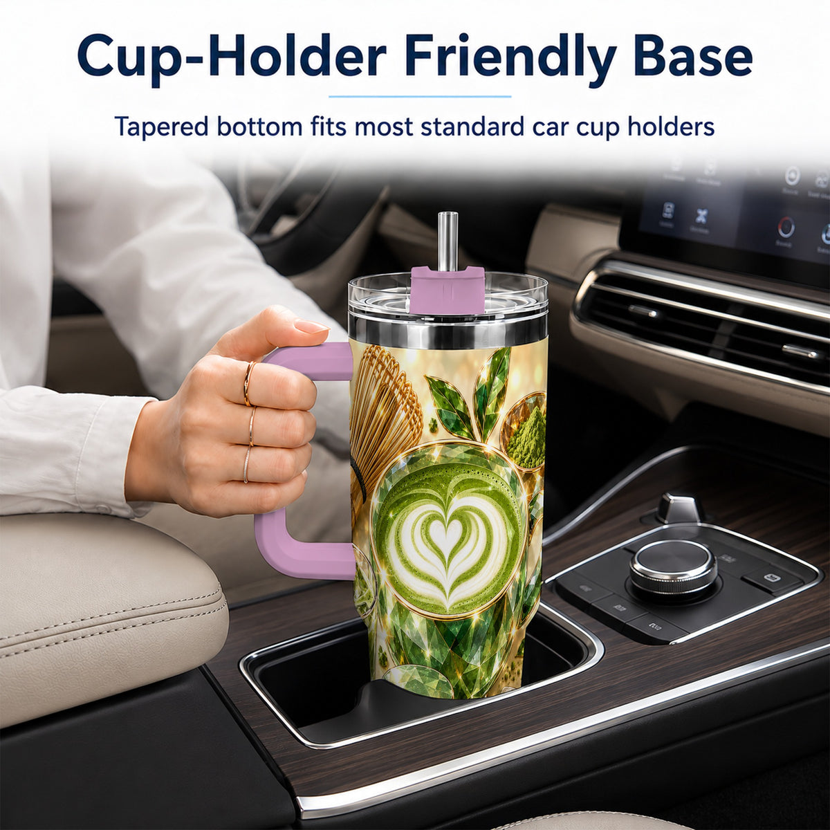 #pl[40oz|Pink] Matcha Tea 40oz Tumbler with Handle, Botanical Stainless Steel Travel Cup