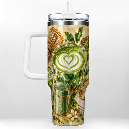Matcha Tea 40oz Tumbler with Handle, Botanical Stainless Steel Travel Cup