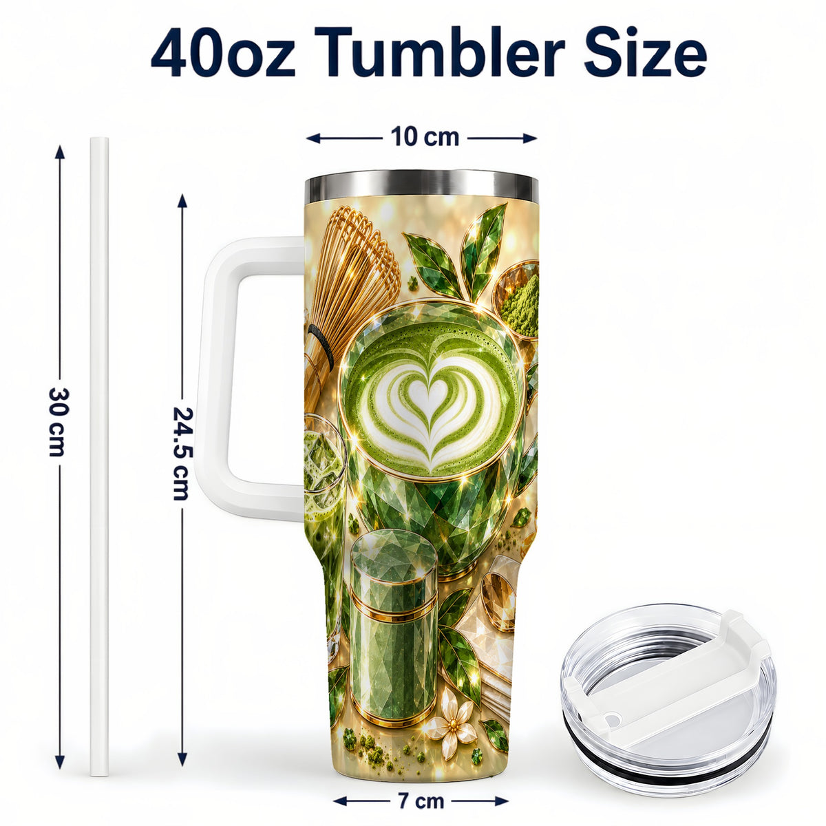 #pl[40oz|White] Matcha Tea 40oz Tumbler with Handle, Botanical Stainless Steel Travel Cup