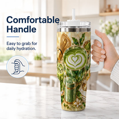 #pl[40oz|White] Matcha Tea 40oz Tumbler with Handle, Botanical Stainless Steel Travel Cup