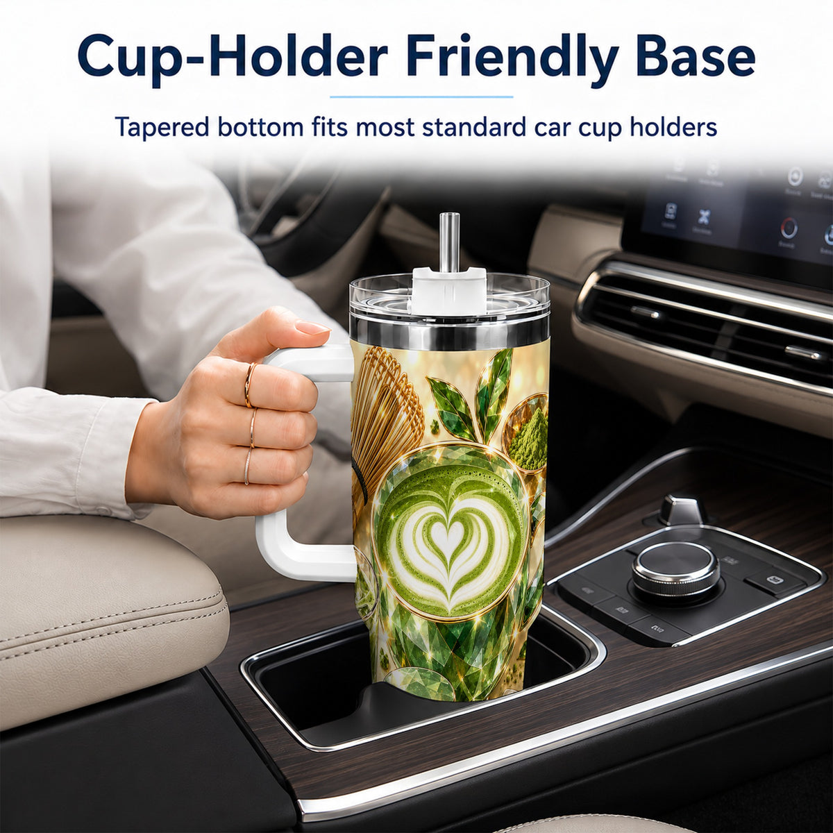 #pl[40oz|White] Matcha Tea 40oz Tumbler with Handle, Botanical Stainless Steel Travel Cup