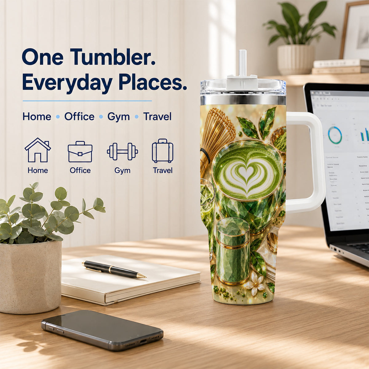 #pl[40oz|White] Matcha Tea 40oz Tumbler with Handle, Botanical Stainless Steel Travel Cup