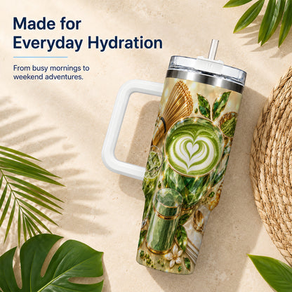 #pl[40oz|White] Matcha Tea 40oz Tumbler with Handle, Botanical Stainless Steel Travel Cup