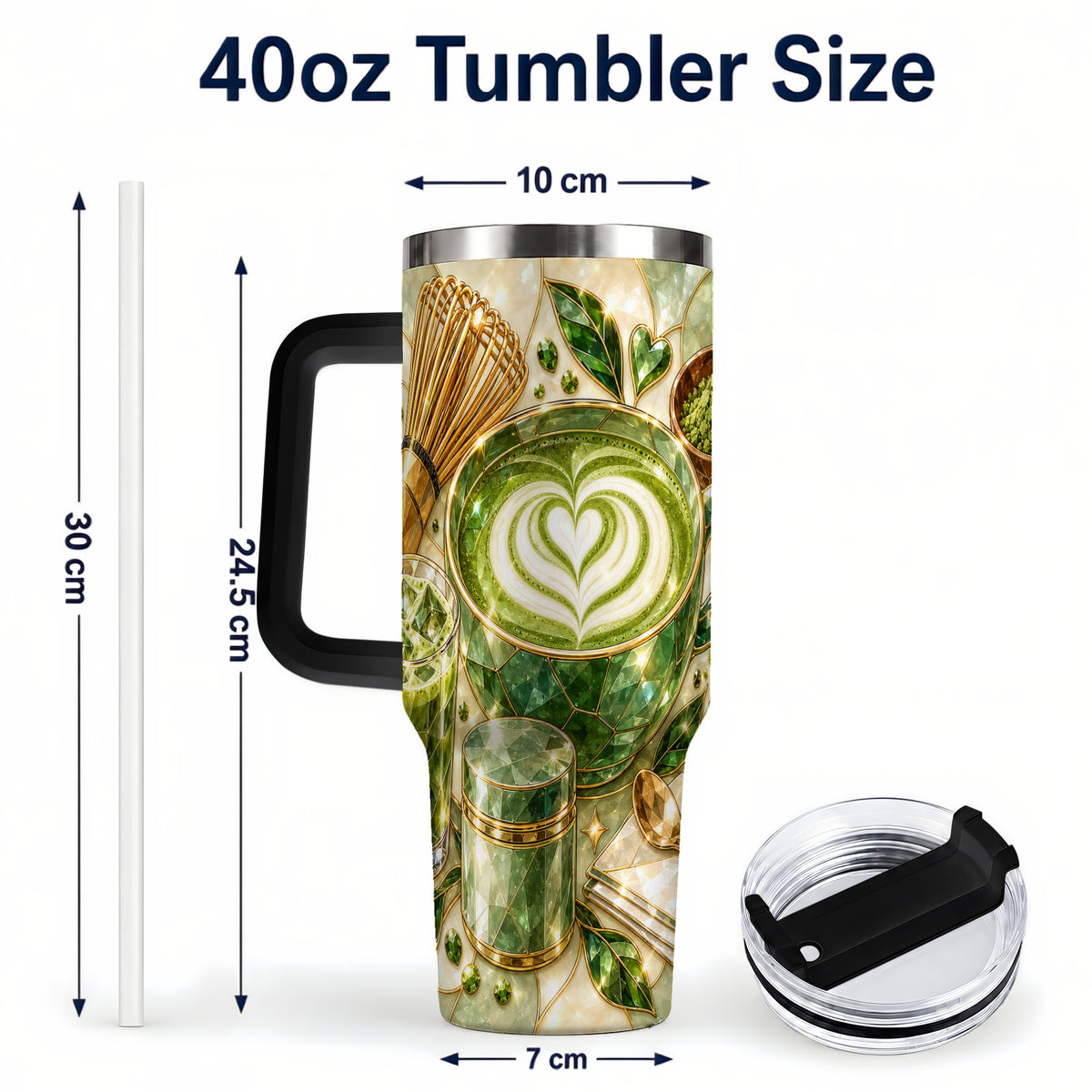 #pl[40oz|Black] Matcha Latte 40oz Tumbler with Handle, Green Tea Stainless Steel Cup
