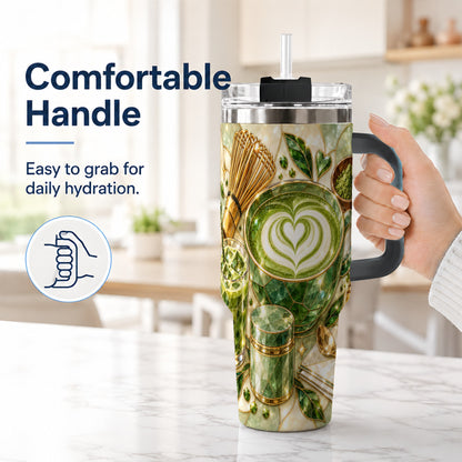 #pl[40oz|Black] Matcha Latte 40oz Tumbler with Handle, Green Tea Stainless Steel Cup