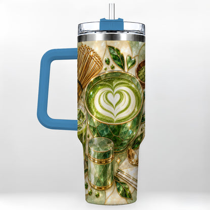 #pl[40oz|Blue] Matcha Latte 40oz Tumbler with Handle, Green Tea Stainless Steel Cup