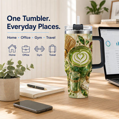 #pl[40oz|Black] Matcha Latte 40oz Tumbler with Handle, Green Tea Stainless Steel Cup
