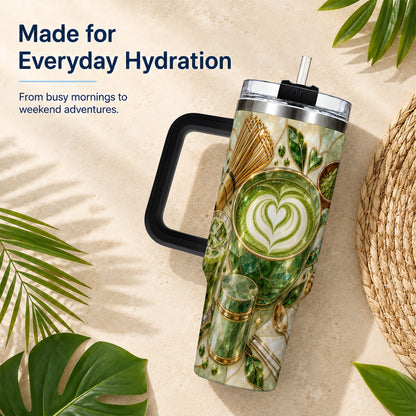 #pl[40oz|Black] Matcha Latte 40oz Tumbler with Handle, Green Tea Stainless Steel Cup