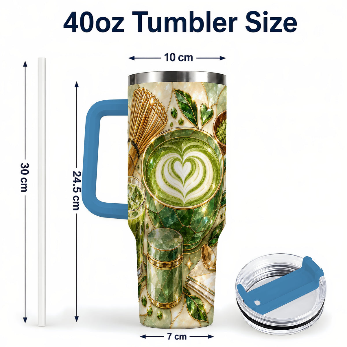 #pl[40oz|Blue] Matcha Latte 40oz Tumbler with Handle, Green Tea Stainless Steel Cup