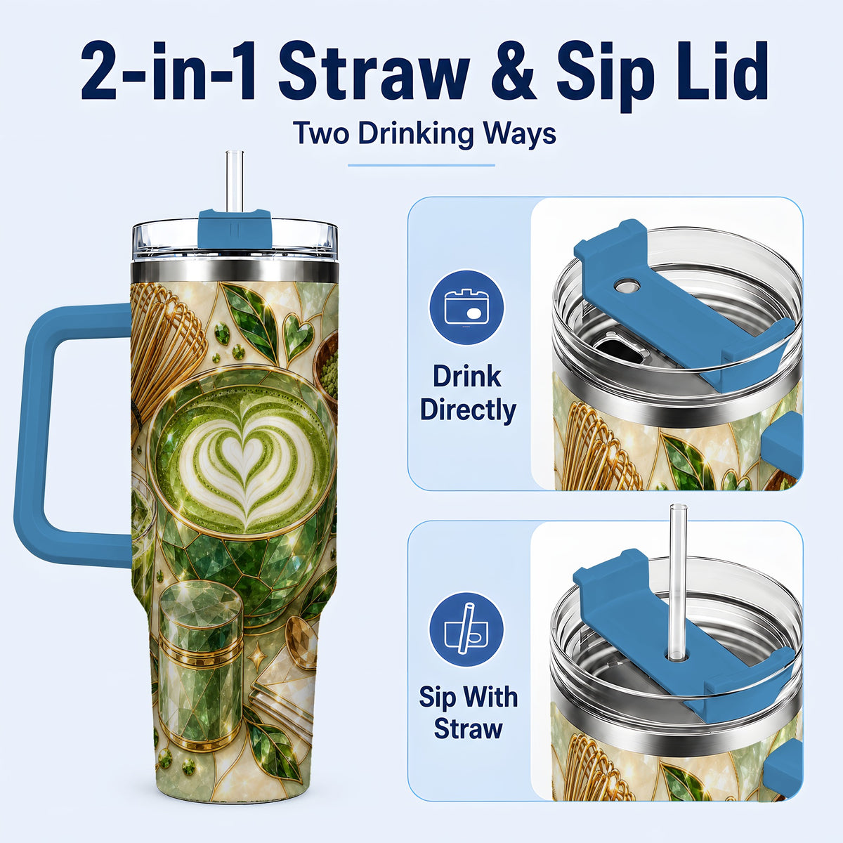 #pl[40oz|Blue] Matcha Latte 40oz Tumbler with Handle, Green Tea Stainless Steel Cup