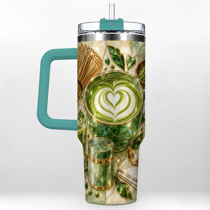 #pl[40oz|Green] Matcha Latte 40oz Tumbler with Handle, Green Tea Stainless Steel Cup