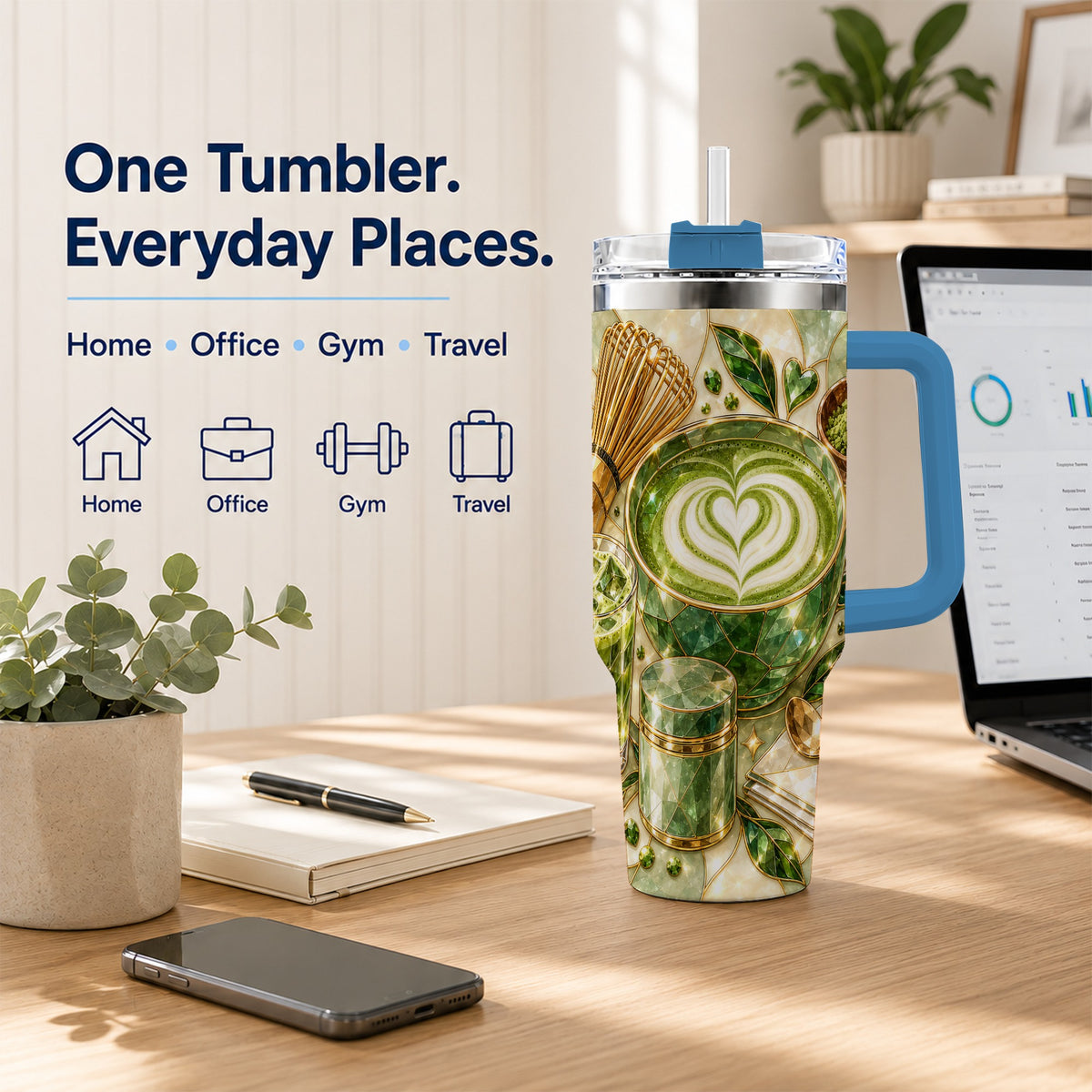 #pl[40oz|Blue] Matcha Latte 40oz Tumbler with Handle, Green Tea Stainless Steel Cup