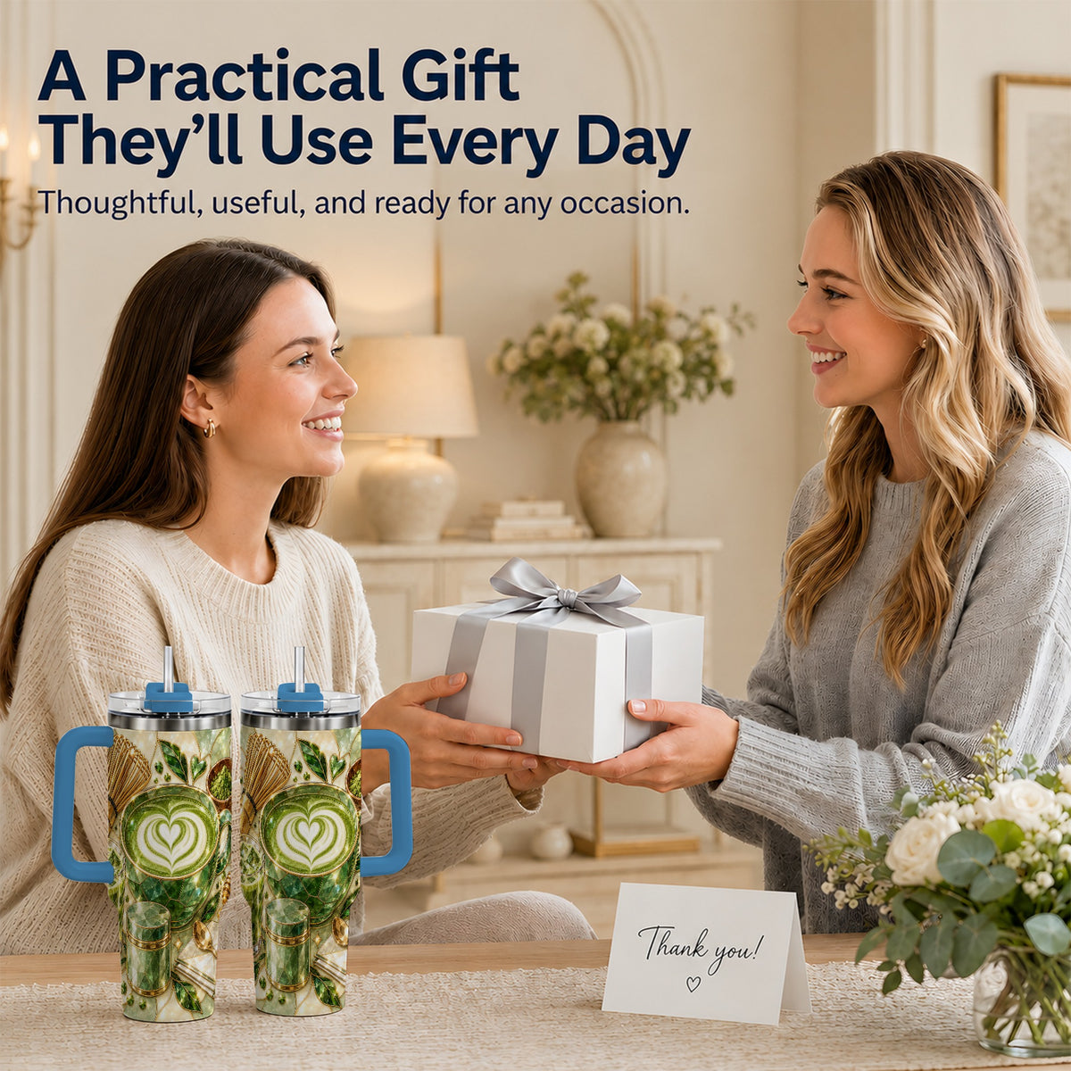 #pl[40oz|Blue] Matcha Latte 40oz Tumbler with Handle, Green Tea Stainless Steel Cup