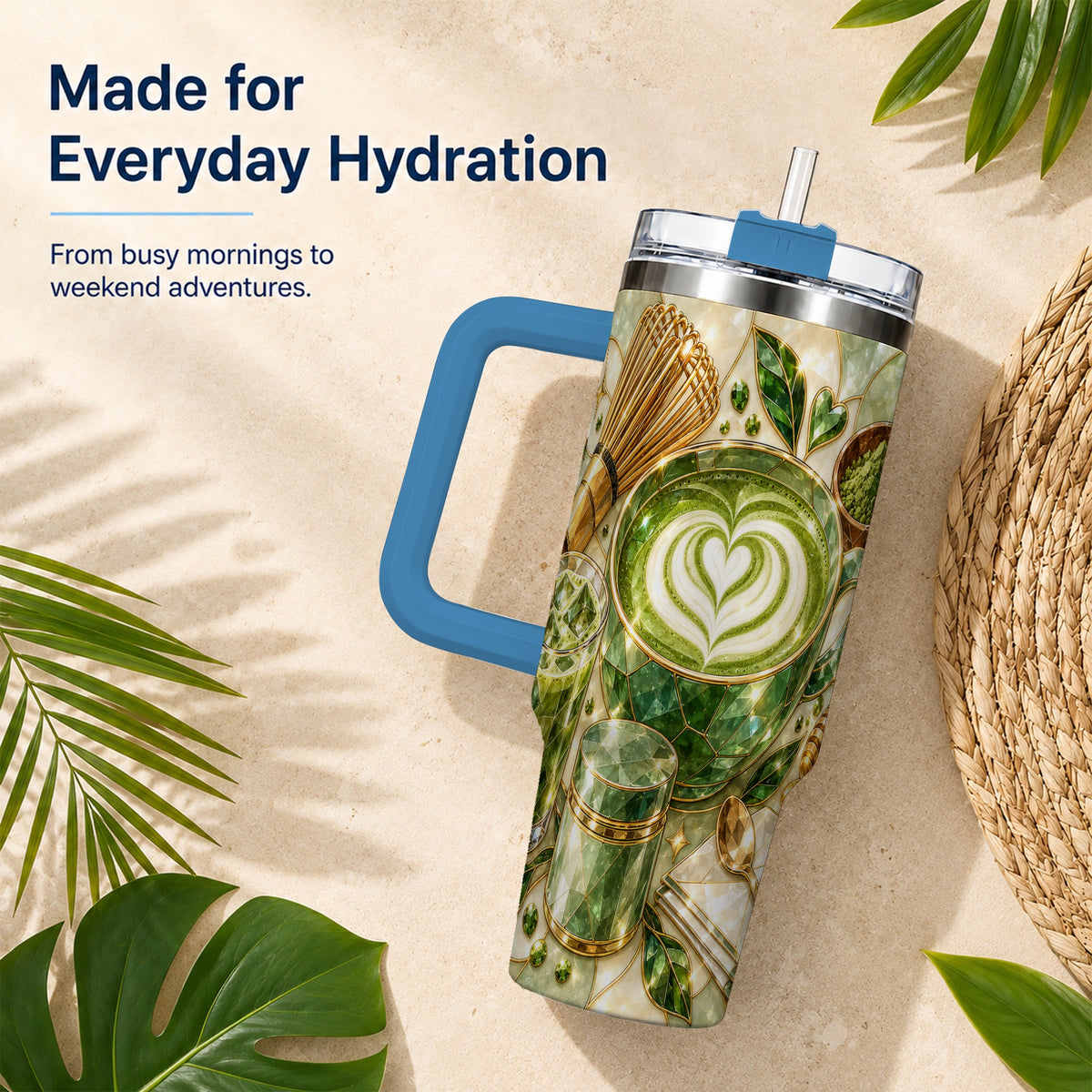 #pl[40oz|Blue] Matcha Latte 40oz Tumbler with Handle, Green Tea Stainless Steel Cup