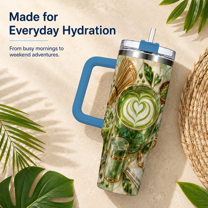 #pl[40oz|Blue] Matcha Latte 40oz Tumbler with Handle, Green Tea Stainless Steel Cup
