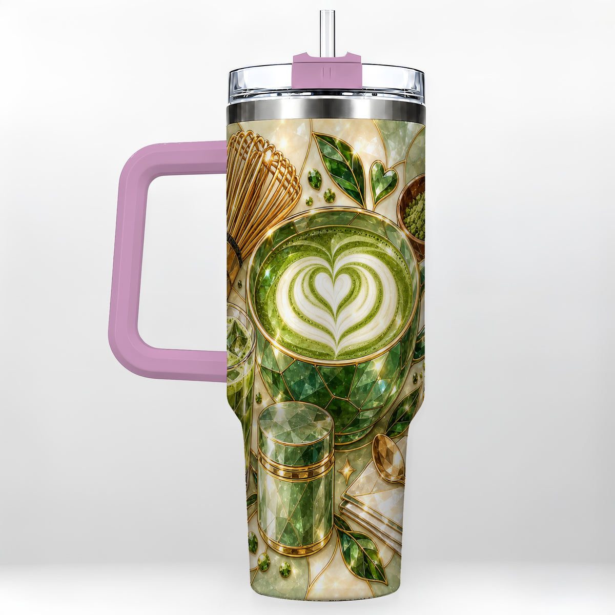 #pl[40oz|Pink] Matcha Latte 40oz Tumbler with Handle, Green Tea Stainless Steel Cup