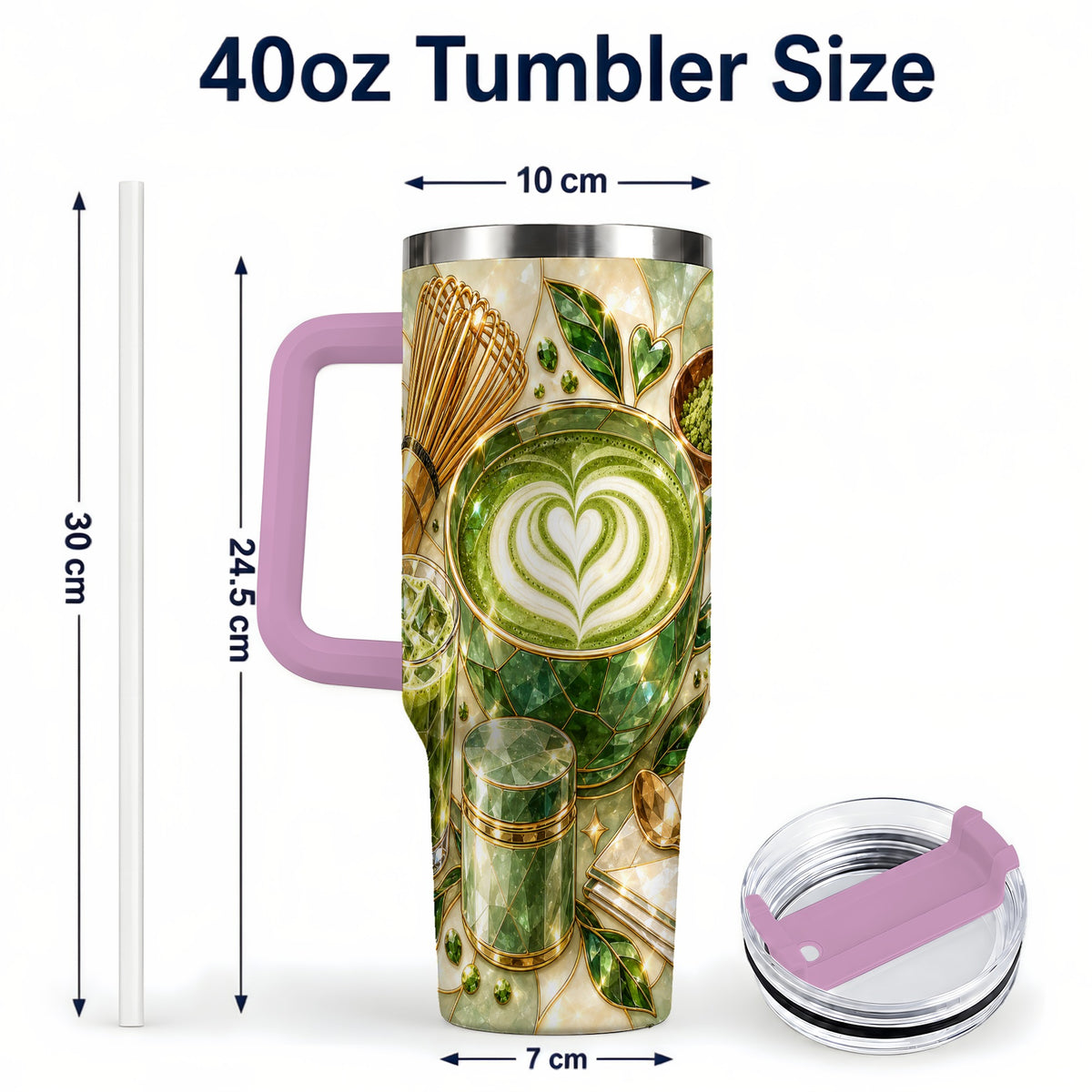 #pl[40oz|Pink] Matcha Latte 40oz Tumbler with Handle, Green Tea Stainless Steel Cup