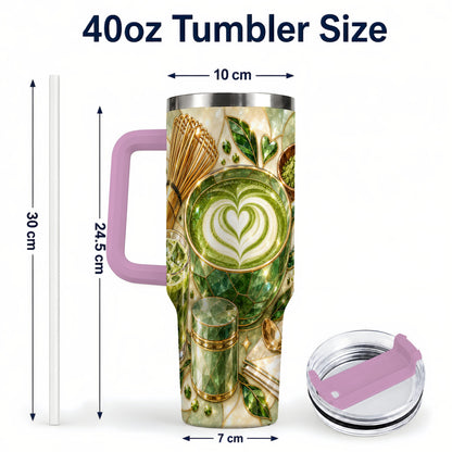 #pl[40oz|Pink] Matcha Latte 40oz Tumbler with Handle, Green Tea Stainless Steel Cup