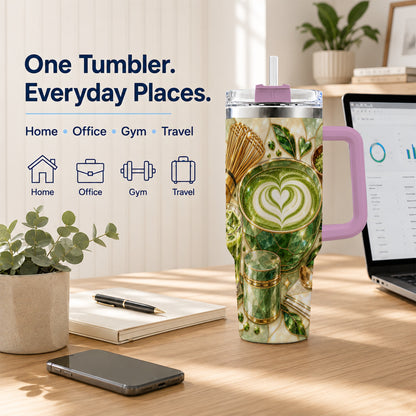 #pl[40oz|Pink] Matcha Latte 40oz Tumbler with Handle, Green Tea Stainless Steel Cup