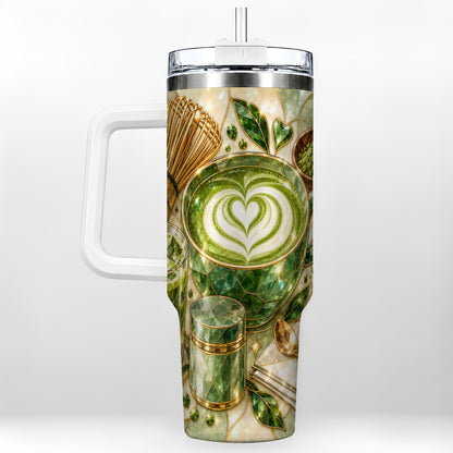 Matcha Latte 40oz Tumbler with Handle, Green Tea Stainless Steel Cup