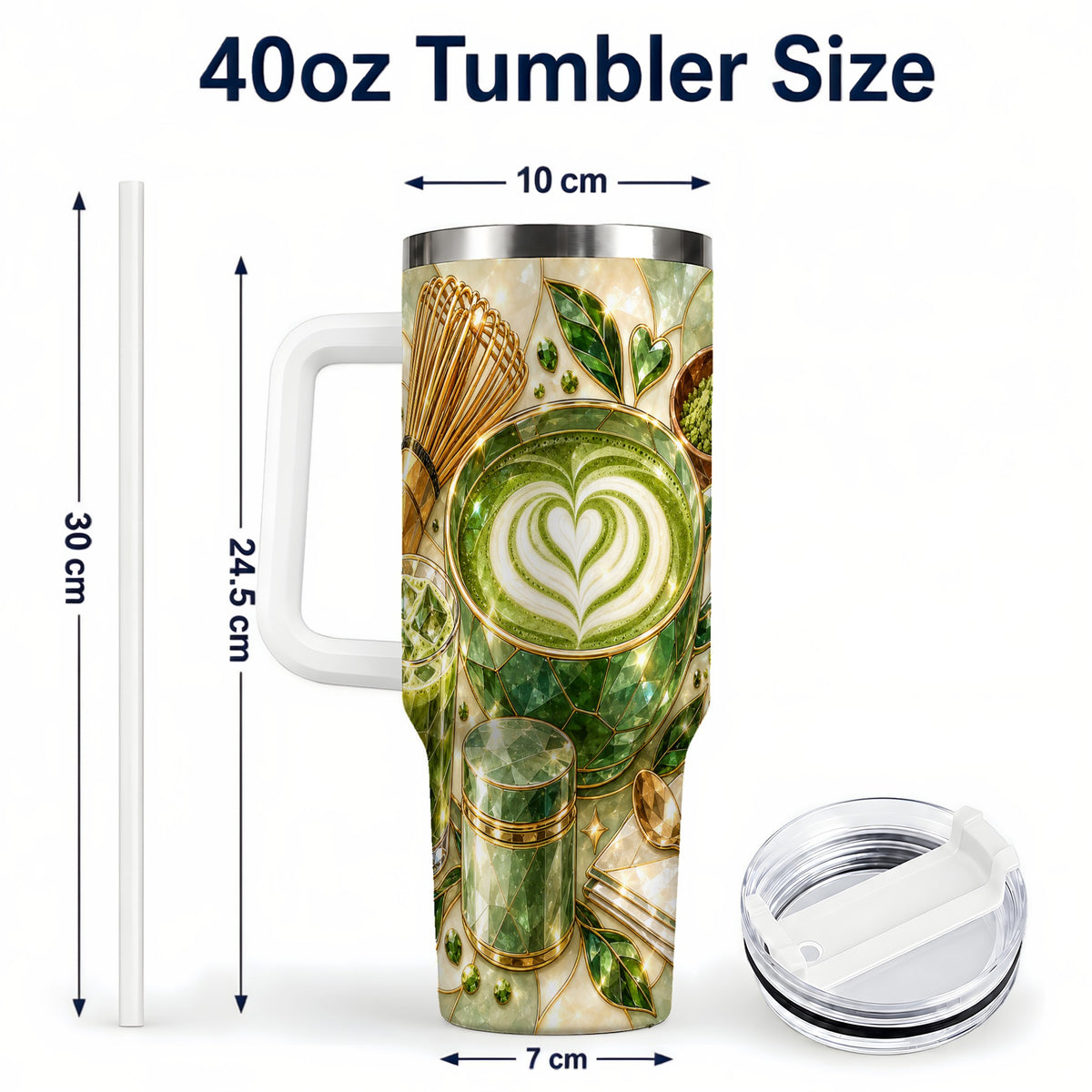 #pl[40oz|White] Matcha Latte 40oz Tumbler with Handle, Green Tea Stainless Steel Cup