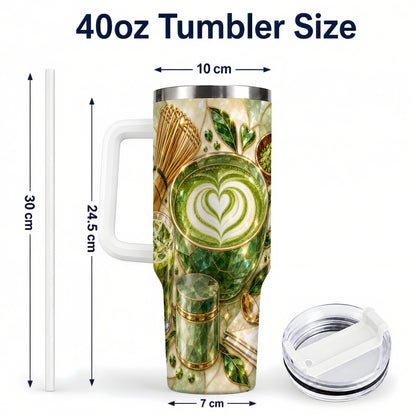 #pl[40oz|White] Matcha Latte 40oz Tumbler with Handle, Green Tea Stainless Steel Cup